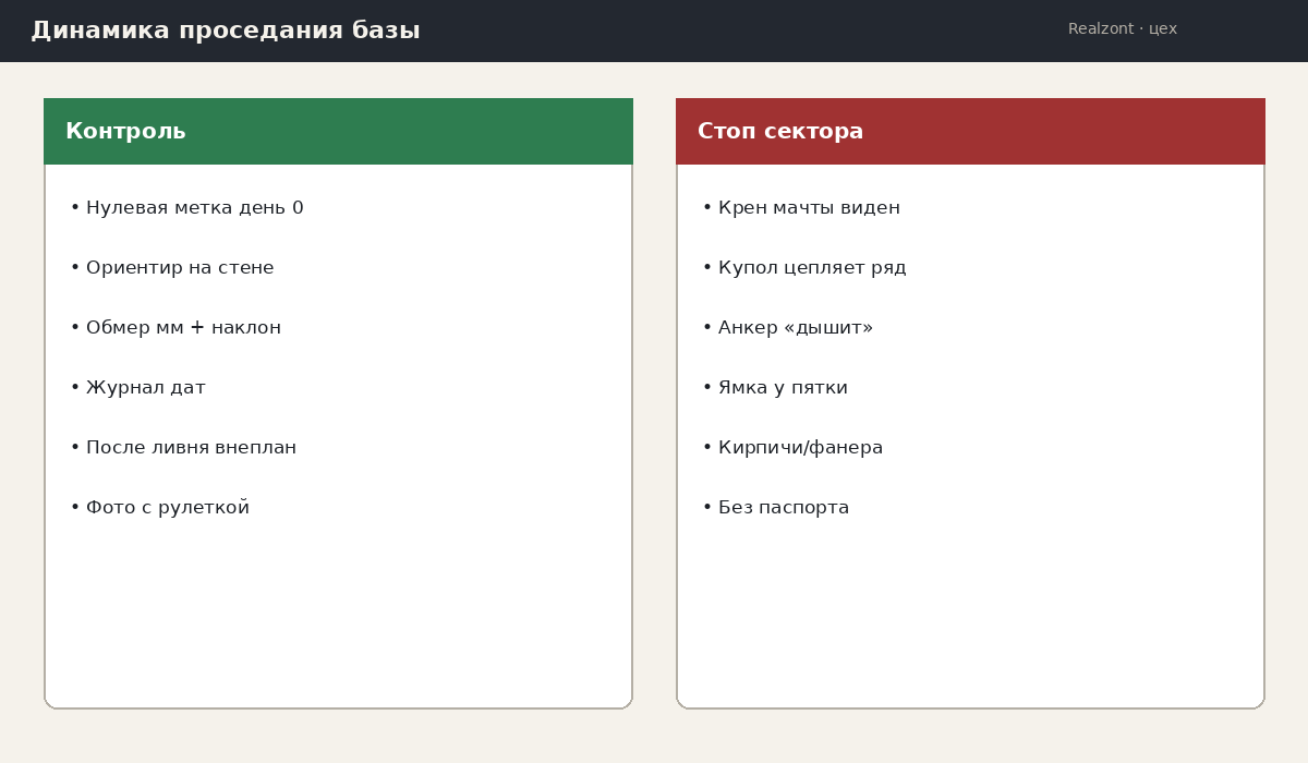 Схема: метки и контроль проседания базы