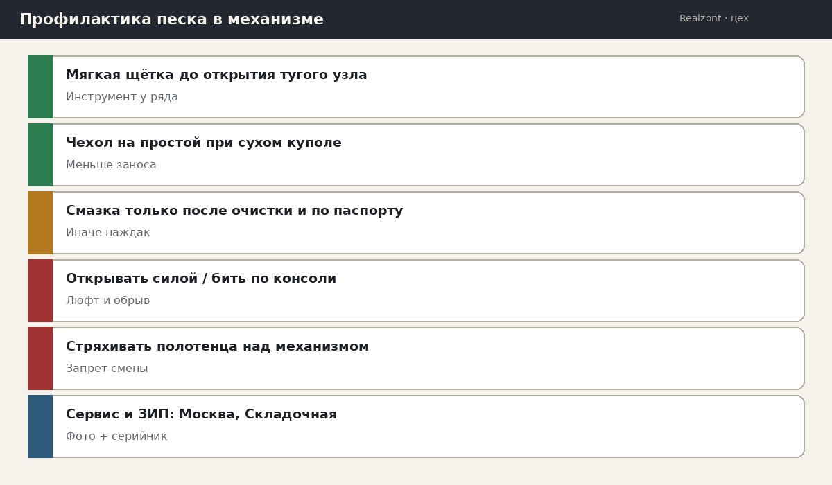 Профилактика: щётка, запрет смазки, чехол